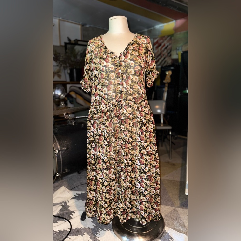 Vintage Floral Button-Down Sheer Dress